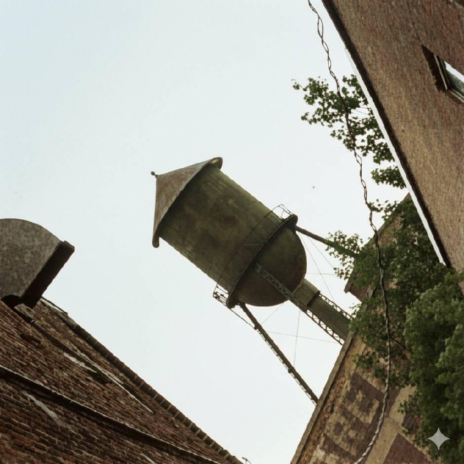 Water tower between brick buildings